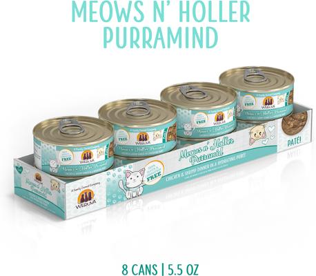 Show full view: Weruva Classic Cat Meows n' Holler PurrAmid Chicken & Shrimp Pate Canned Cat Food, 5.5-oz can, case of 8 slide 3 of 13