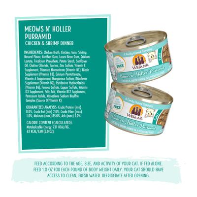 Show full view: Weruva Classic Cat Meows n' Holler PurrAmid Chicken & Shrimp Pate Canned Cat Food, 3-oz can, case of 12 slide 5 of 13