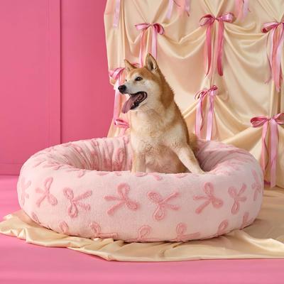 Show full view: Lesure Calming Cute Modern Plush Jacquard Shaggy Orthopedic Anti-Slip Donut Dog & Cat Bed with Removable Cover, Pink Bows, Large slide 6 of 10