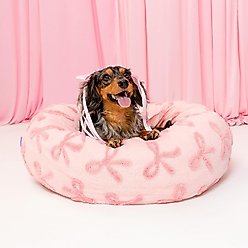 Lesure Calming Cute Modern Plush Jacquard Shaggy Orthopedic Anti-Slip Donut Dog & Cat Bed with Removable Cover, Pink Bows, Medium slide 2 of 7