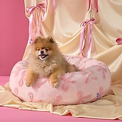 Lesure Calming Cute Modern Plush Jacquard Shaggy Orthopedic Anti-Slip Donut Dog & Cat Bed with Removable Cover, Pink Bows, Small slide 2 of 7