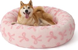 Lesure Calming Cute Modern Plush Jacquard Shaggy Orthopedic Anti-Slip Donut Dog & Cat Bed with Removable Cover, Pink Bows, Large