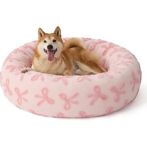 Lesure Calming Cute Modern Plush Jacquard Shaggy Orthopedic Anti-Slip Donut Dog & Cat Bed with Removable Cover, Pink Bows, Large