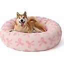 Lesure Calming Cute Modern Plush Jacquard Shaggy Orthopedic Anti-Slip Donut Dog & Cat Bed with Removable Cover, Pink Bows, Large