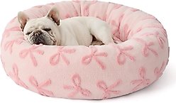 Lesure Calming Cute Modern Plush Jacquard Shaggy Orthopedic Anti-Slip Donut Dog & Cat Bed with Removable Cover, Pink Bows, Medium slide 1 of 7