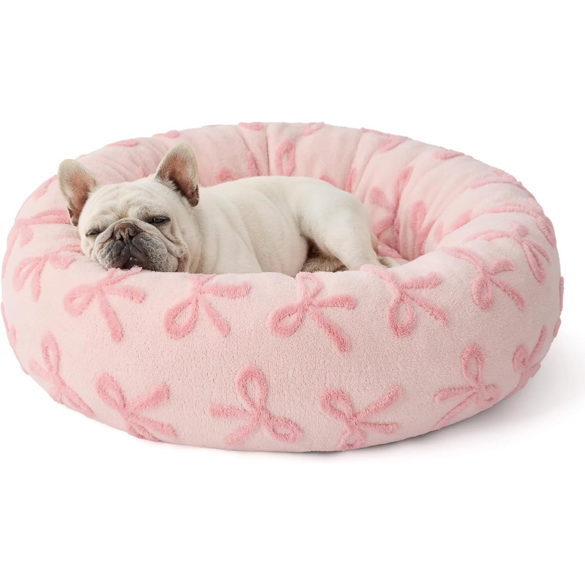 Lesure Calming Cute Modern Plush Jacquard Shaggy Orthopedic Anti-Slip Donut Dog & Cat Bed with Removable Cover, Pink Bows, Medium