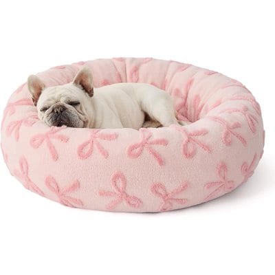 Lesure Lesure Calming Cute Modern Plush Jacquard Shaggy Orthopedic Anti-Slip Donut Dog & Cat Bed with Removable Cover, Pink Bows, Medium