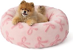 Lesure Calming Cute Modern Plush Jacquard Shaggy Orthopedic Anti-Slip Donut Dog & Cat Bed with Removable Cover, Pink Bows, Small slide 1 of 7