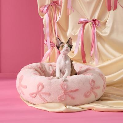 Show full view: Lesure Calming Cute Modern Plush Jacquard Shaggy Orthopedic Anti-Slip Donut Dog & Cat Bed with Removable Cover, Pink Bows, X-Small slide 6 of 10