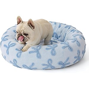 Lesure Calming Cute Modern Plush Jacquard Shaggy Orthopedic Anti-Slip Donut Dog & Cat Bed with Removable Cover, Blue Bows, Medium