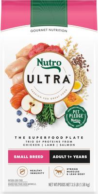 Show full view: Puppy Variety Pack: Greenies Petite Dental Treats, 20 count + Nutro Ultra Adult Small Breed High Protein Trio of Proteins Chicken, Lamb & Salmon Dry Food, 3.5-lb bag + Greenies Digestive Health Sensitive Care Peanut Butter Flavor Supplement fors, 40 count slide 5 of 9