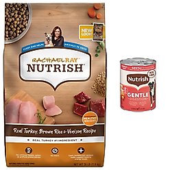 Rachael Ray Nutrish Real Turkey, Brown Rice & Venison Recipe Dry Food + Gentle Digestion Real Chicken, Pumpkin & Salmon Canned Dog Food slide 1 of 9