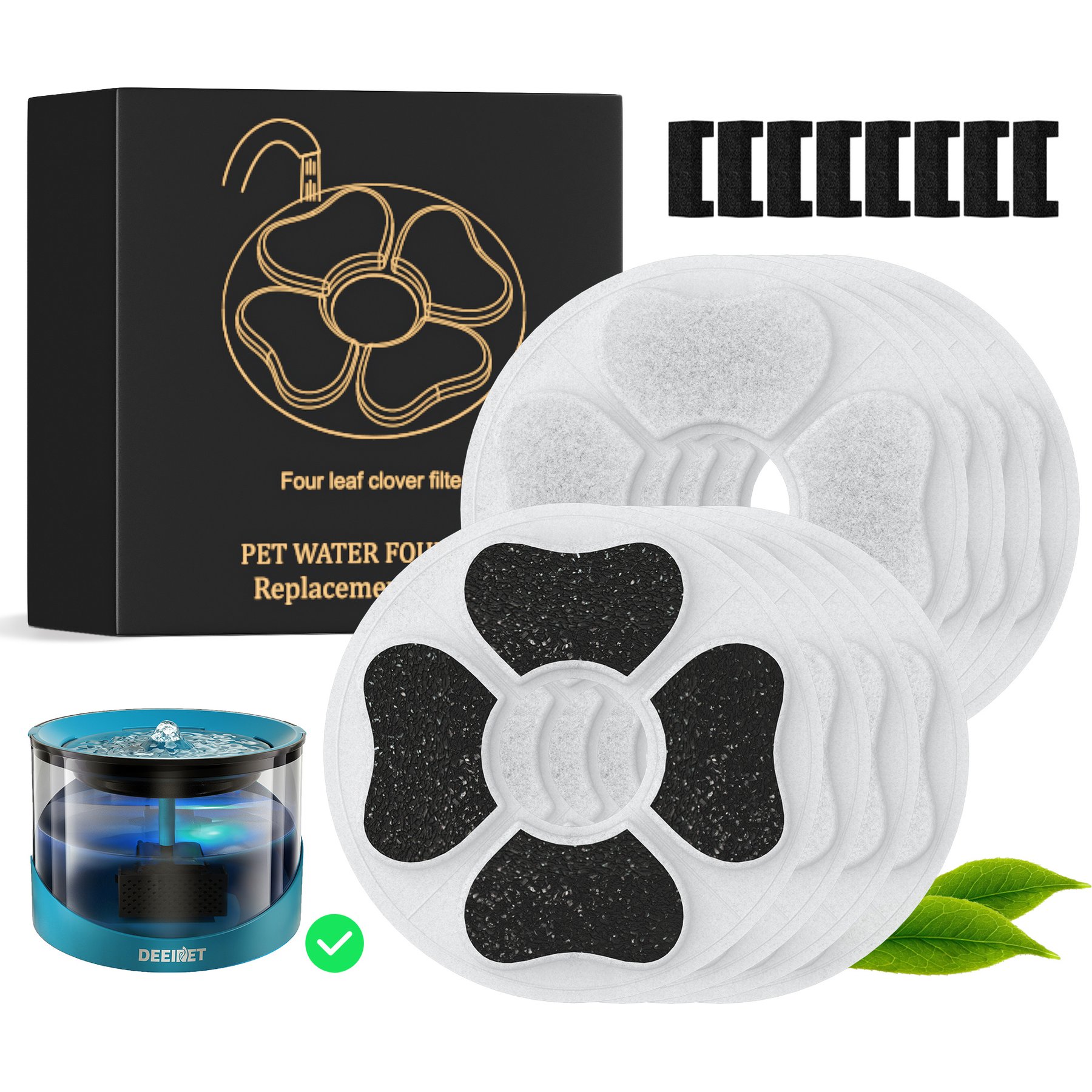 DEEIPET Ultra Quiet Automatic Dog & Cat Water Fountain Replacement Filters & Pre-Filter Sponges, 8 count