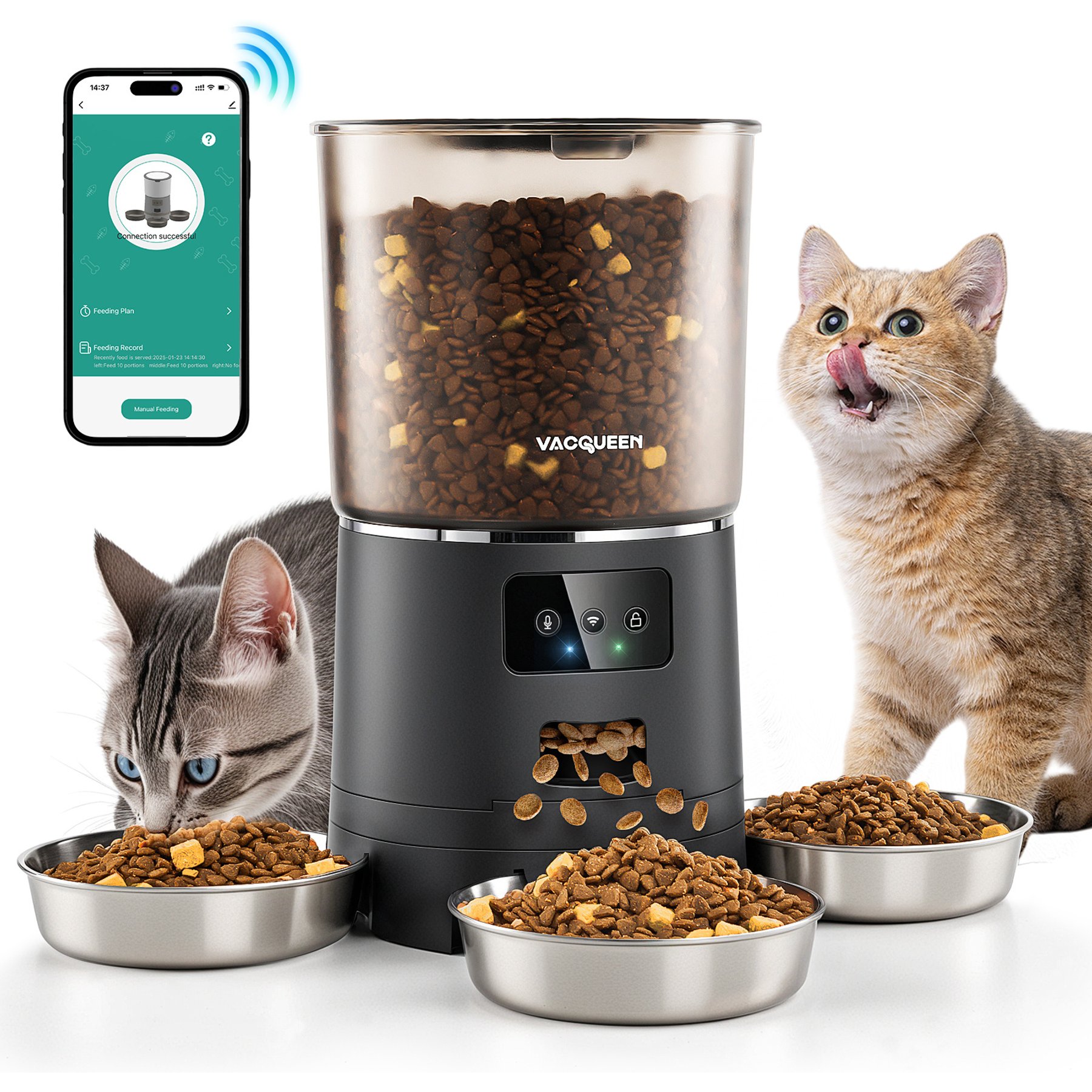 Vacqueen 3 Bowl Automatic Cat Feeder, Black
