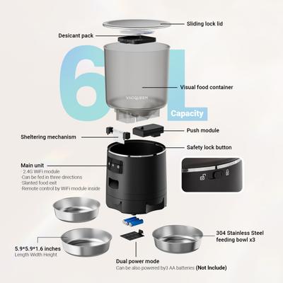 Show full view: Vacqueen 3 Bowl Automatic Cat Feeder, Black slide 3 of 11