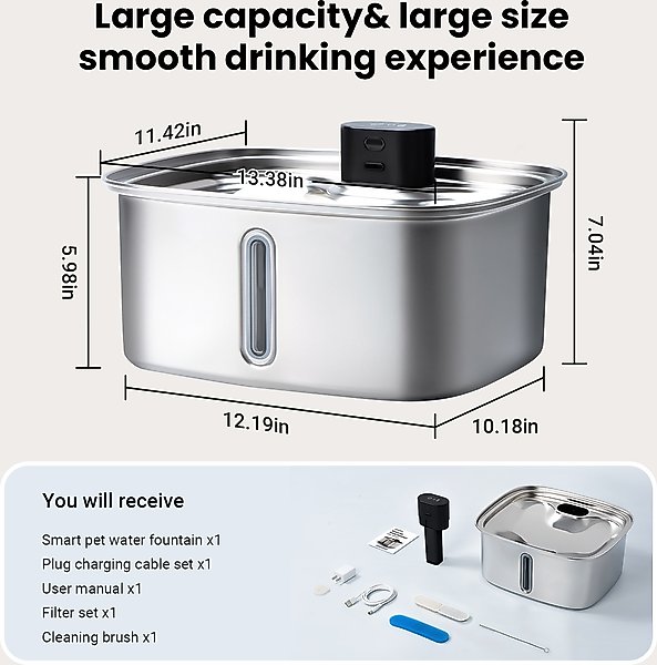 Show full view: Vacqueen Automatic Stainless Steel Dog & Cat Water Fountain, 10-l slide 6 of 11