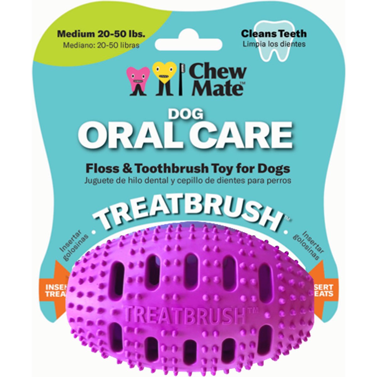Chewmate Natural Rubber Treatbrush Oral Care Football Dog Toothbrush, Medium