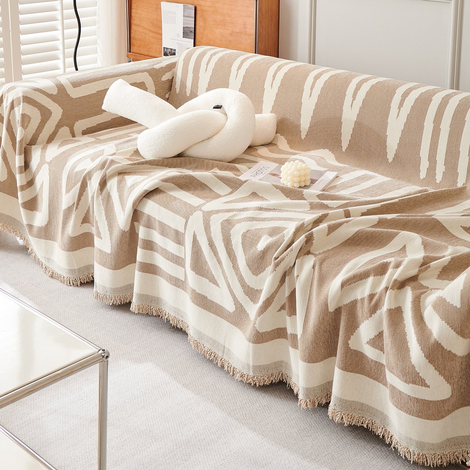 Slashop Geometric Boho Style Couch Cover, Beige Bohemian, 71 x 165-in