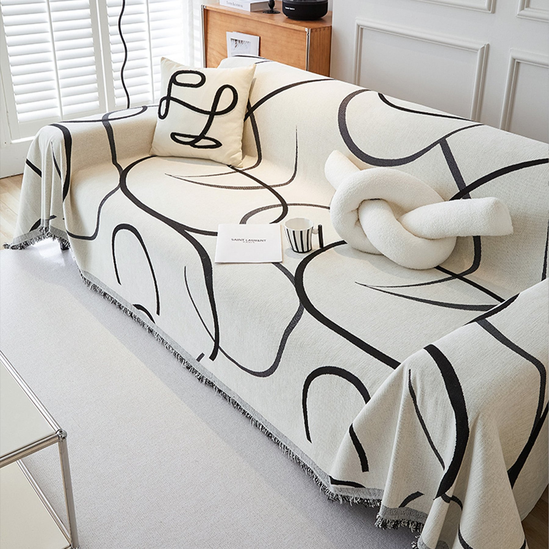 Slashop Curve Patterned Couch Cover, White Curve, 71 x 90-in