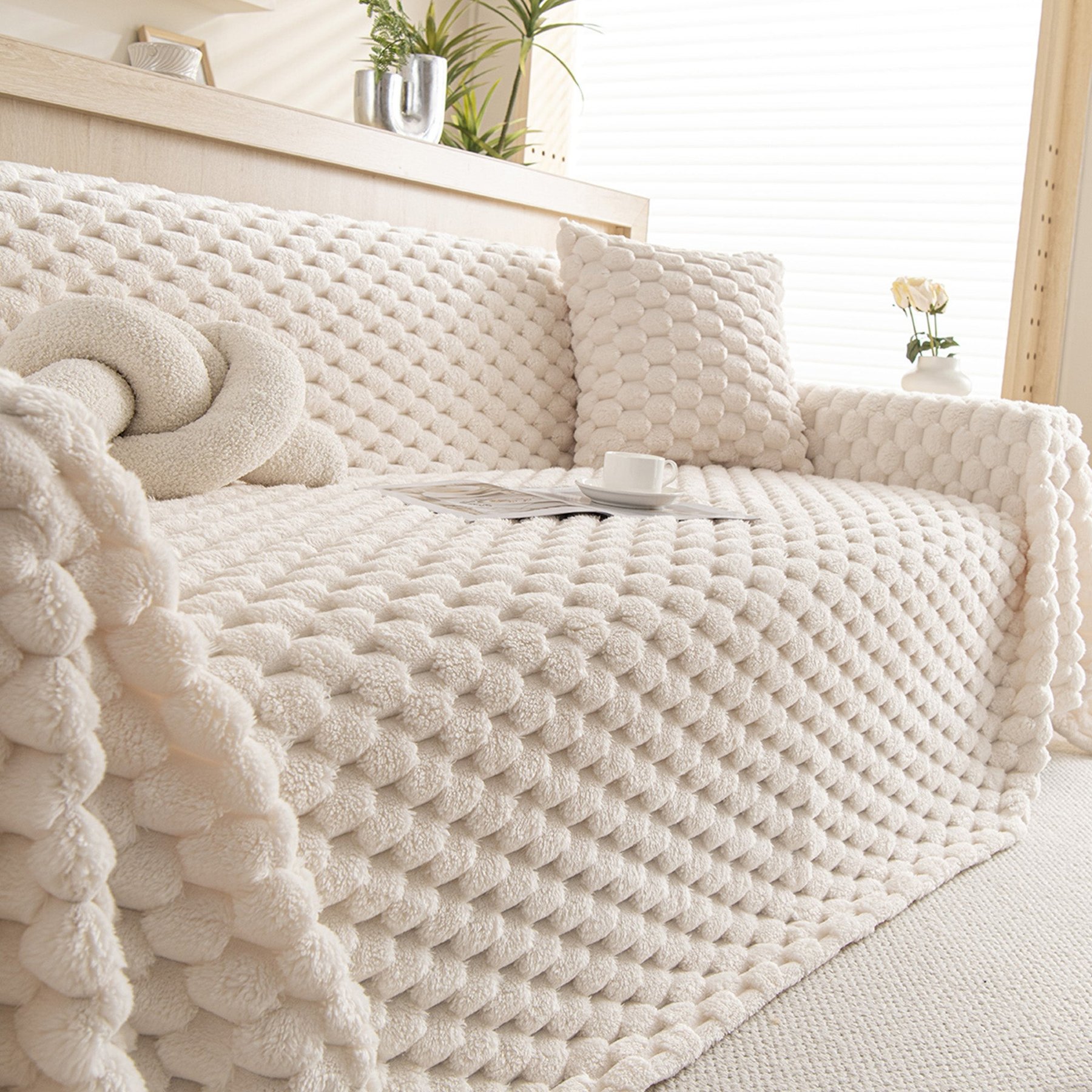 Slashop Cozy Chic Sofa Cover, Vanilla Cream, 71 x 149-in