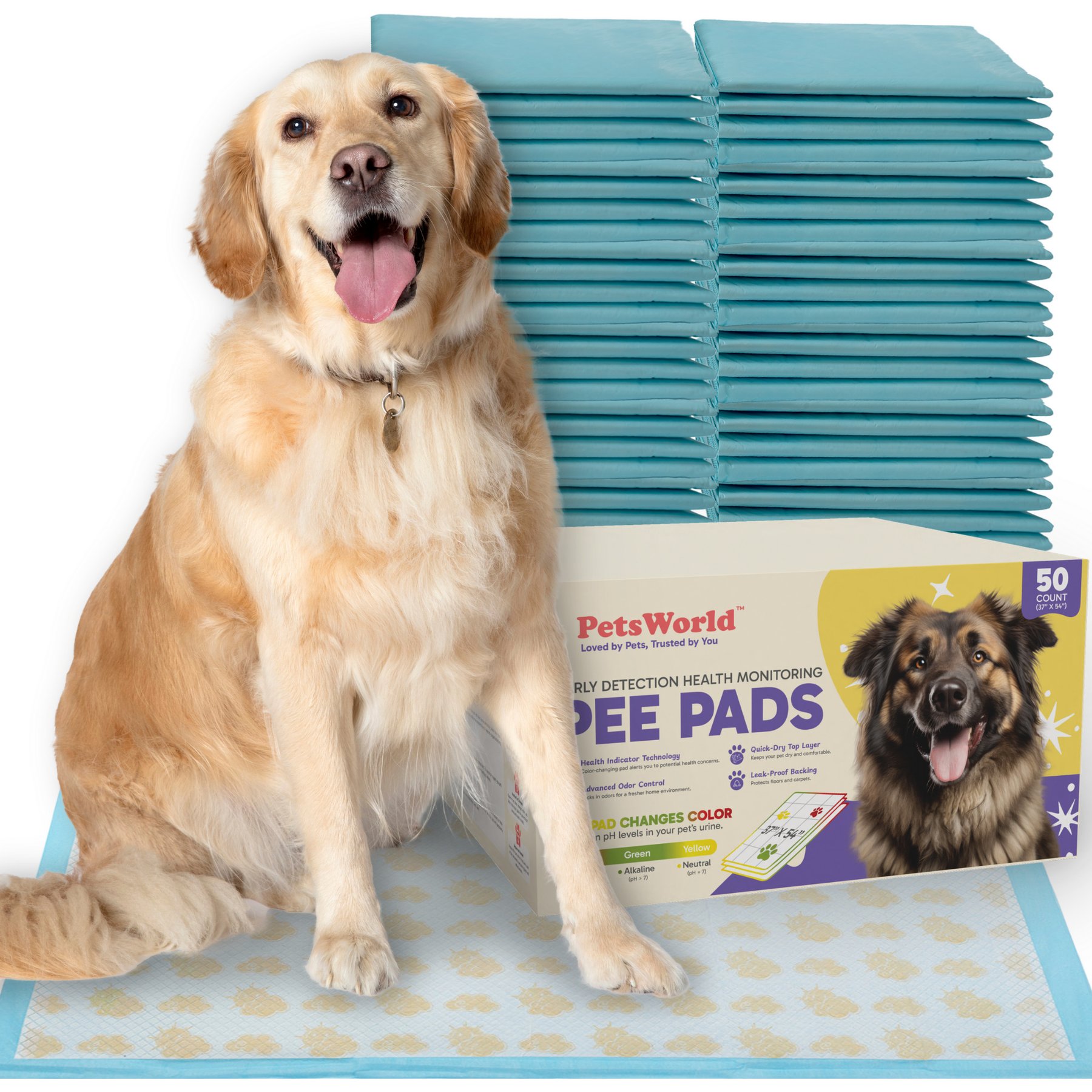 PetsWorld Health-Indicator Dog Training Pee Pads, Unscented, 37 x 54-in, 50 count