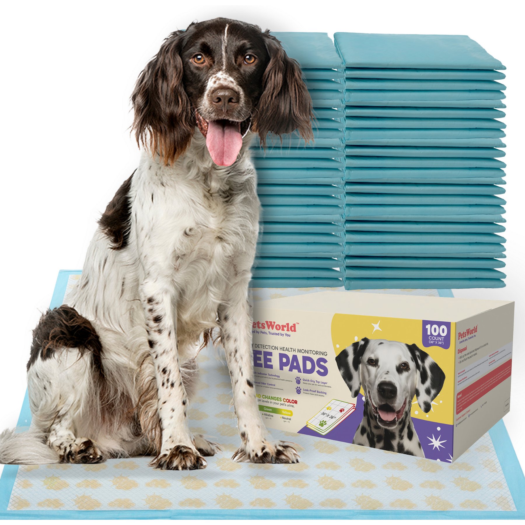 PetsWorld Health-Indicator Dog Training Pee Pads, Unscented, 36 x 36-in, 100 count