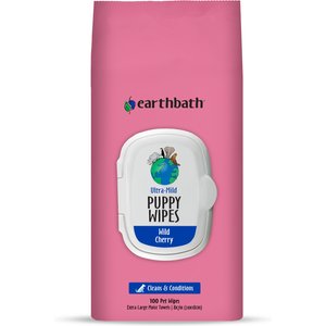 Earthbath Ultra-Mild Wild Cherry Scented Puppy Grooming Wipes, 100 count