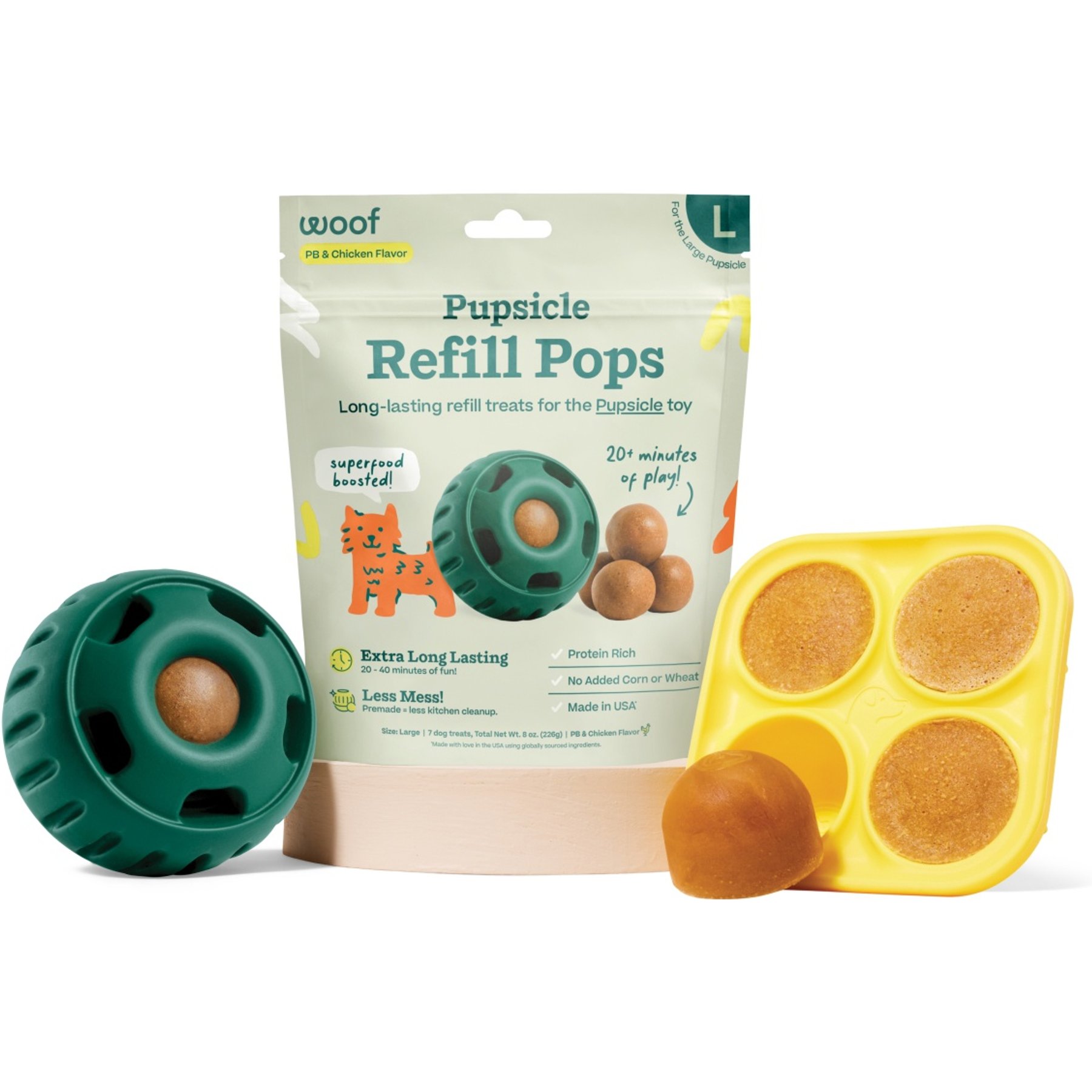 Woof Starter Pack Chicken & Peanut Butter Flavored Treats, Silicone Mold & Pupsicle Dog Toy, Large