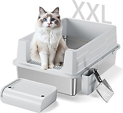 Casfuy Stainless Steel High Sided Enclosed Cat Litter Box with Step & Metal Scooper, XX-Large