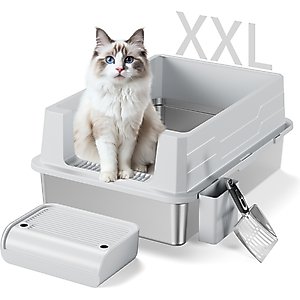 Casfuy Stainless Steel High Sided Enclosed Cat Litter Box with Step & Metal Scooper, XX-Large