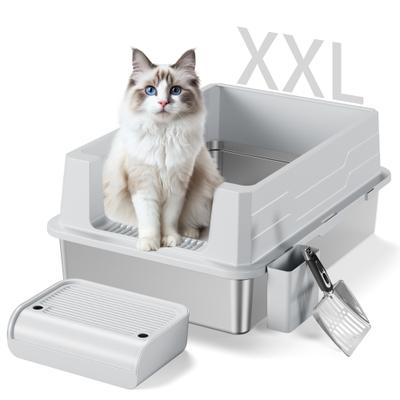 Show full view: Casfuy Stainless Steel High Sided Enclosed Cat Litter Box with Step & Metal Scooper, XX-Large slide 1 of 9