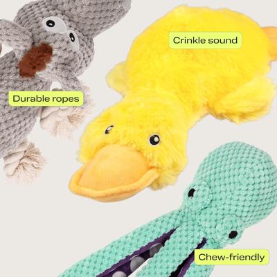 Show full view: PetSpy Rope Donkey Octopus & Crinkle Duck Squeaky Plush Dog Chew Toy, Grey/Blue/Yellow, 3 count slide 4 of 6