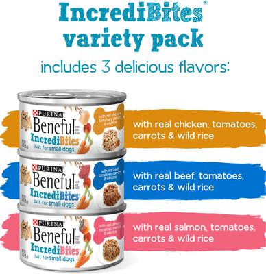 Show full view: Purina Beneful IncrediBites Adult Variety Pack Chicken Beef & Salmon Small Breed Wet Dog Food, 3-oz, case of 12 slide 3 of 12