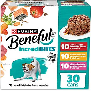Purina Beneful IncrediBites Adult Variety Pack Chicken Beef & Salmon Small Breed Wet Dog Food, 3-oz can, case of 30