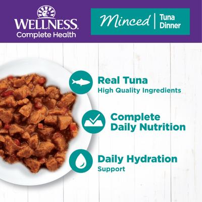Show full view: Wellness Complete Health Minced Tuna Dinner Grain-Free Canned Cat Food, 5.5-oz, case of 24 slide 3 of 11