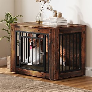 Yitahome 2-in-1 Iron-Wood Indoor Furniture Style Dog Crate, Brown, 32.5-in