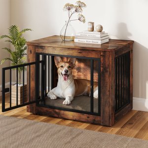 Yitahome 2-in-1 Iron-Wood Indoor Furniture Style Dog Crate, Brown, 32.5-in