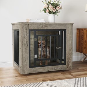 Yitahome 2-in-1 Iron-Wood Indoor Furniture Style Dog Crate, Gray, 27.2-in