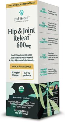 Show full view: Pet Releaf Hip & Joint Releaf Organic Full Spectrum Hemp Extract Oil & Devils Claw Liquid Hip & Joint Health Supplement for Medium & Large Dogs, 1-fl oz bottle slide 3 of 5