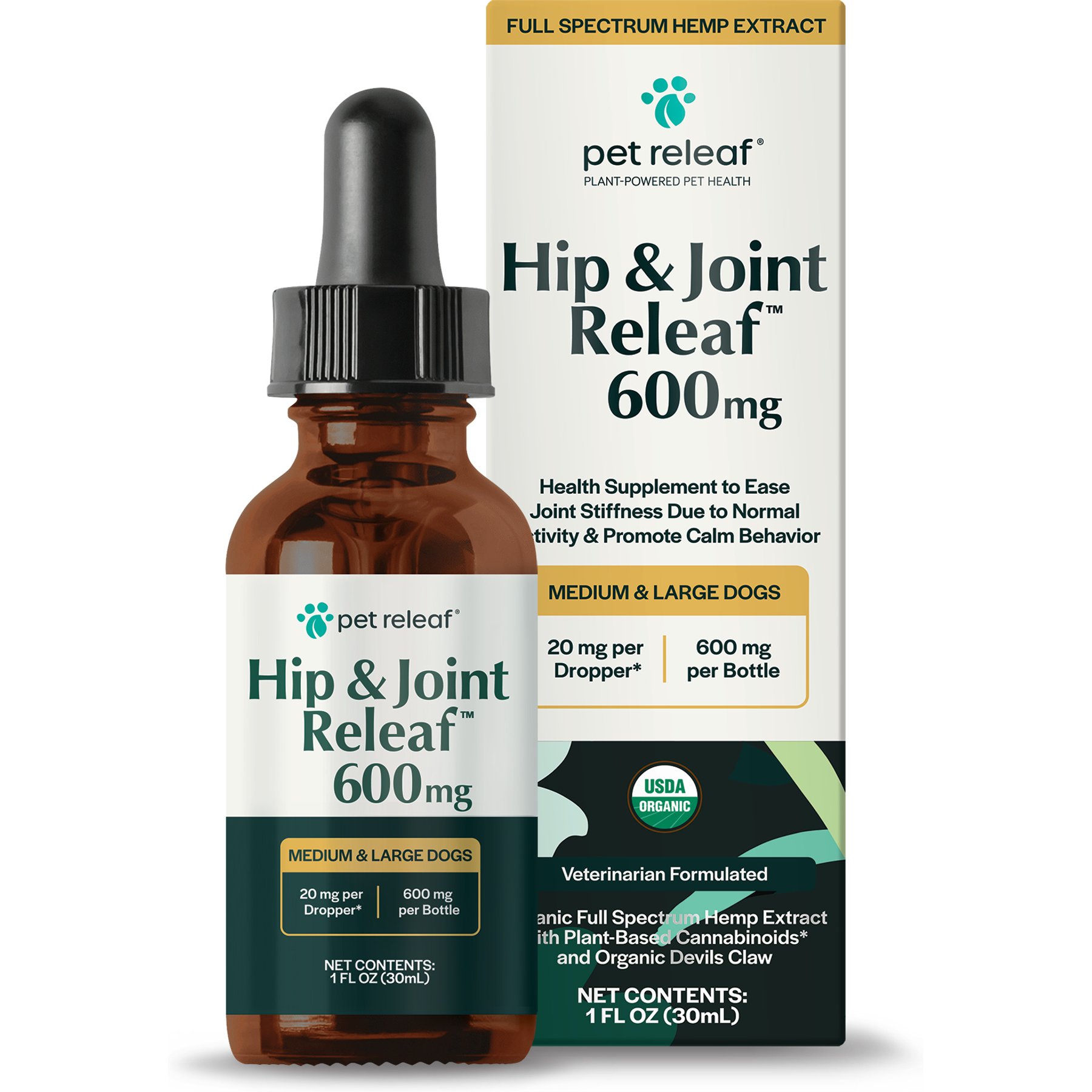 Pet Releaf Hip & Joint Releaf Organic Full Spectrum Hemp Extract Oil & Devils Claw Liquid Hip & Joint Health Supplement for Medium & Large Dogs, 1-fl oz bottle