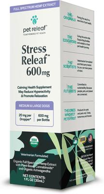 Show full view: Pet Releaf Stress Releaf Organic Full Spectrum Hemp Extract Oil & Ashwagandha Liquid Calming Health Supplement for Medium & Large Dogs, 1-fl oz bottle slide 3 of 5