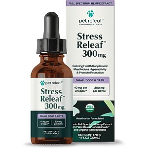 Pet Releaf Stress Releaf Organic Full Spectrum Hemp Extract Oil & Ashwagandha Liquid Calming Health Supplement for Small Dogs & Cats, 1-fl oz bottle