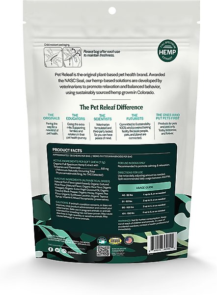 Show full view: Pet Releaf Edibites Stress Releaf Organic Peppered Bacon Flavored Chew Full Spectrum Hemp Extract Calming Health Supplement for Medium & Large Dogs, 30 count slide 2 of 3