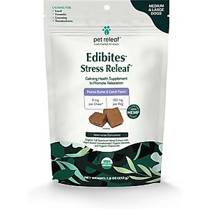 Pet Releaf Edibites Stress Releaf Organic Peanut Butter & Carob Flavored Chew Full Spectrum Hemp Extract Calming Health Supplement for Medium & Large Dogs, 30 count