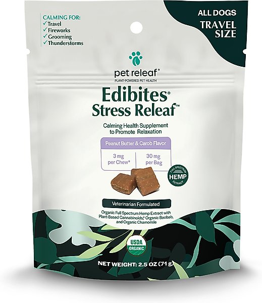 Pet Releaf Edibites Stress Releaf Organic Peanut Butter & Carob Flavored Chew Full Spectrum Hemp Extract Calming Health Supplement for Dogs