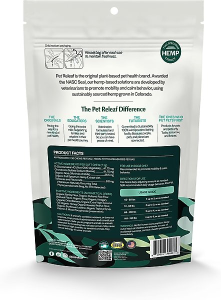 Show full view: Pet Releaf Edibites Hip & Joint Releaf Organic Peanut Butter & Banana Flavored Chew Full Spectrum Hemp Extract Hip & Joint Health Supplement for Medium & Large Dogs, 30 count slide 2 of 3