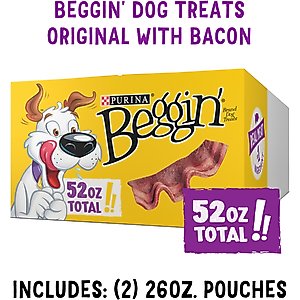 Purina Beggin' Strips Original with Bacon Flavored Dog Treats, 26-oz pouch, case of 2