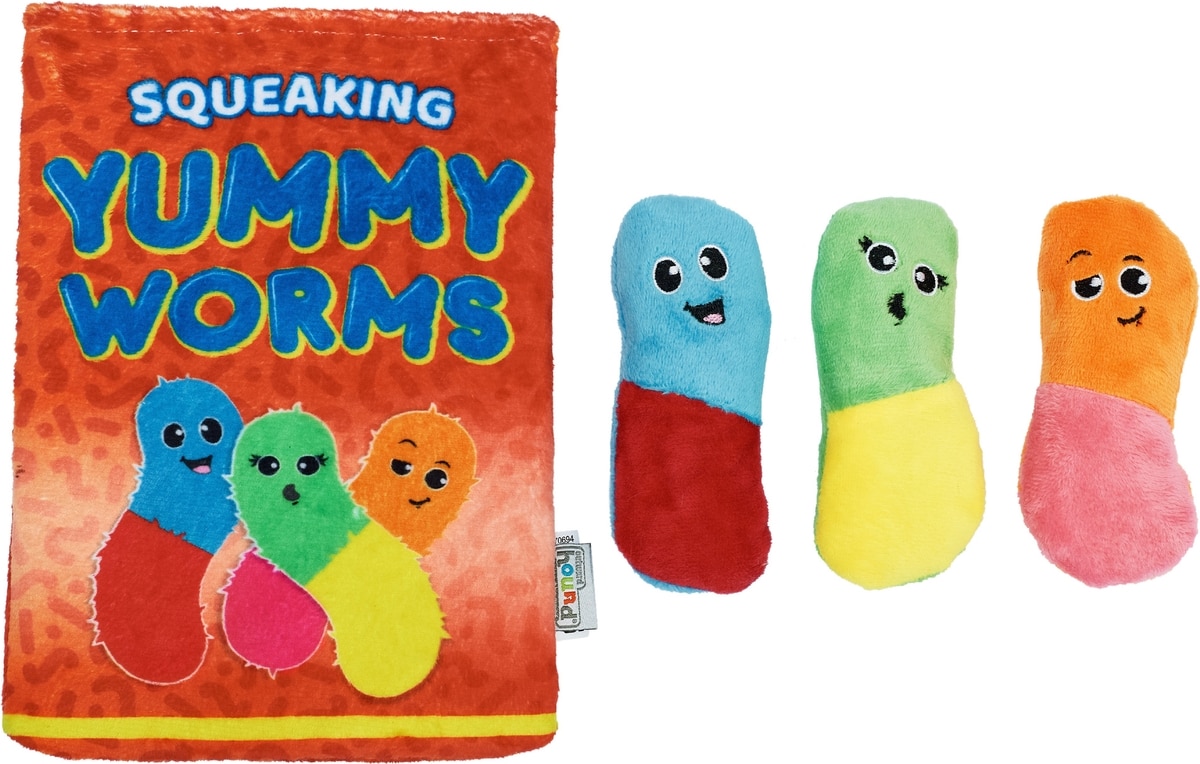 OUTWARD HOUND Snack Bag Yummy Worms Puzzle Squeaky Dog Toy, Red