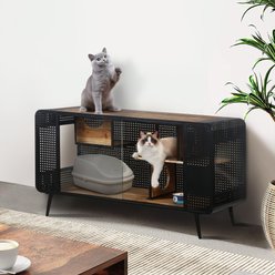 Cesicia Furniture Style Cat House with Tempered Glass, Black/Brown