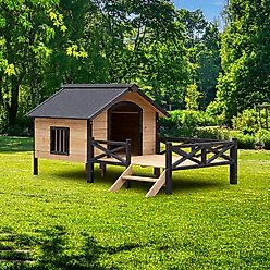 Cesicia Outdoor Wooden Cabin Style Dog House with Porch, Honey